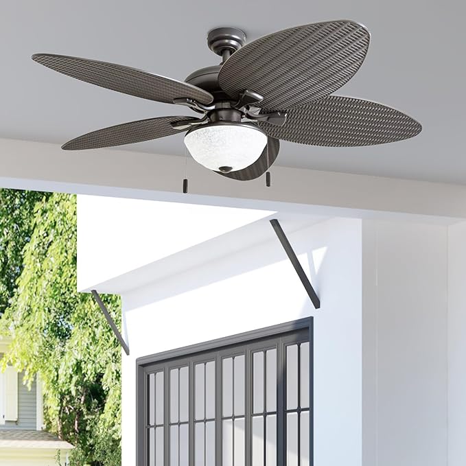 Honeywell Ceiling Fans Inland Breeze, 52 Inch Tropical Indoor Outdoor Ceiling Fan with Light, Pull Chain, Three Mount Options, Weather Resistant Blades - 50510-01 (Bronze)