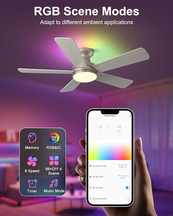 42 Inch Ceiling Fans with Lights, Smart Ceiling Fan with Alexa Google App, Gold Ceiling Fan with RGB Lights Remote, 6 Speeds Reversible DC Motor, Modern Flush Mount for Bedroom Living Room