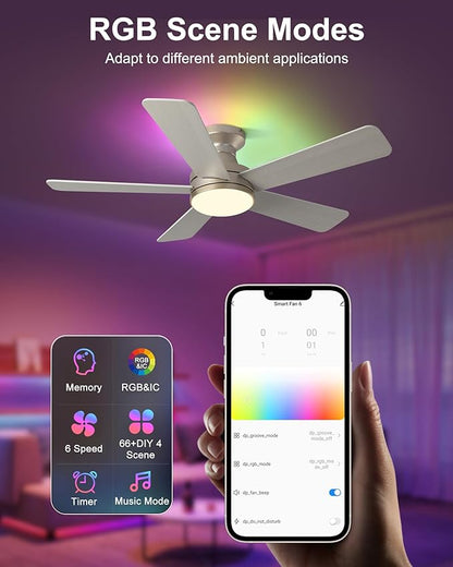 42 Inch Ceiling Fans with Lights, Smart Ceiling Fan with Alexa Google App, Gold Ceiling Fan with RGB Lights Remote, 6 Speeds Reversible DC Motor, Modern Flush Mount for Bedroom Living Room