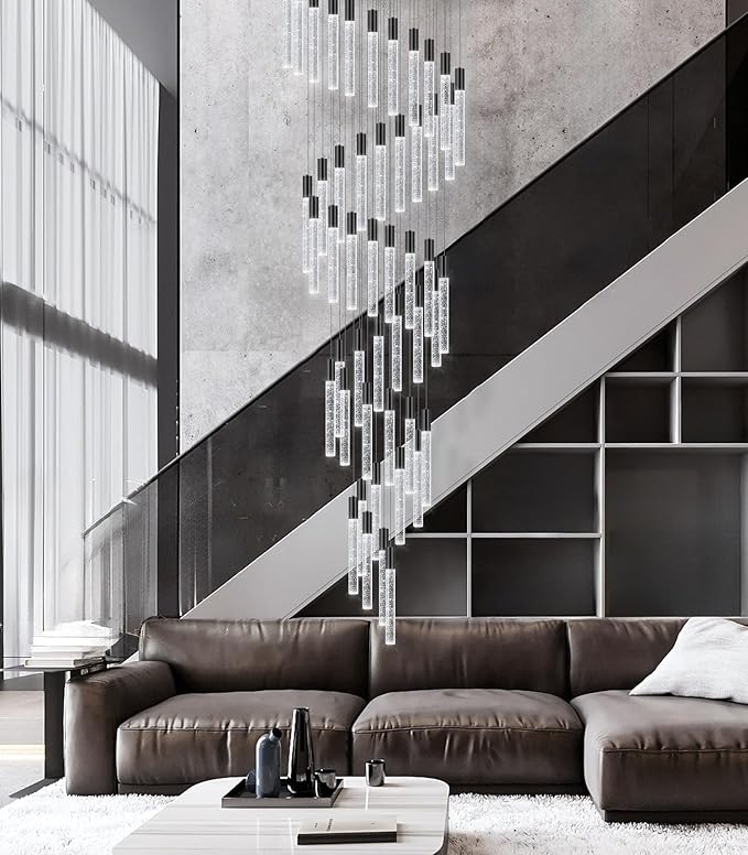 20 foot 48-lights Chandeliers for Living Room Entryway High Ceiling Light Chandelier LED Crystal Pendants Light Sloped Ceiling Chandeliers Staircase Lighting Fixture LED Dimmable Lighting Black