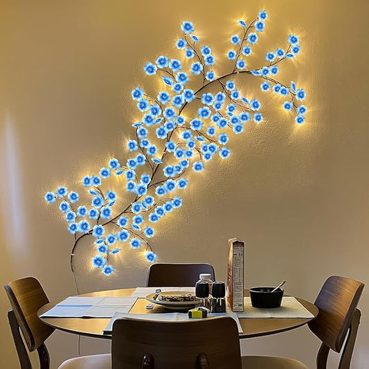 Blue Cherry Blossom LED Lights for Bedroom Decor, Cherry Blossom Willow Vine Branch with Remote Control,Flexible DIY Design,48 LED 8 Modes,for Party, Living Room, Wall Decorations (47inch)