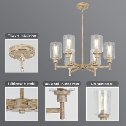 6 Light Farmhouse Chandeliers for Dining Room | Rustic Dining Room Light Fixtures Over Table | Fake Wood Hanging Lighting with Clear Glass Cover for Living Room | Kitchen Island | Entryway | Bathroom
