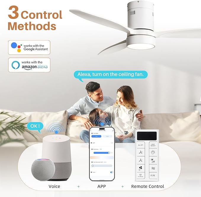 Sofucor 52 Inch Smart Ceiling Fans with Light-Modern Solid Wood Outdoor 3 Blades Ceiling Fan with Light Alexa/Google/APP/Remote Control for Bedroom Living Room Farmhouse Indoor, Quiet DC Motor,White