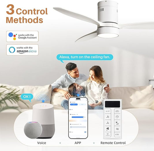 Sofucor 52 Inch Smart Ceiling Fans with Light-Modern Solid Wood Outdoor 3 Blades Ceiling Fan with Light Alexa/Google/APP/Remote Control for Bedroom Living Room Farmhouse Indoor, Quiet DC Motor,White