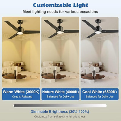 52 inch Ceiling Fans with Lights and Remote, Dimmable 3 Color temperatures LED, Reversible with Quiet DC Motor, 3 Blade High CFM Indoor Outdoor Modern Ceiling Fan for Bedroom Living Room (Black)