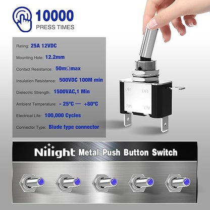 Nilight 3PCS Blue LED Toggle Switches 12V 20A 3 Pin 2 Position ON Off SPST Heavy Duty Rocker Switch for Auto Car Marine RV Vehicles Truck Boat Dash