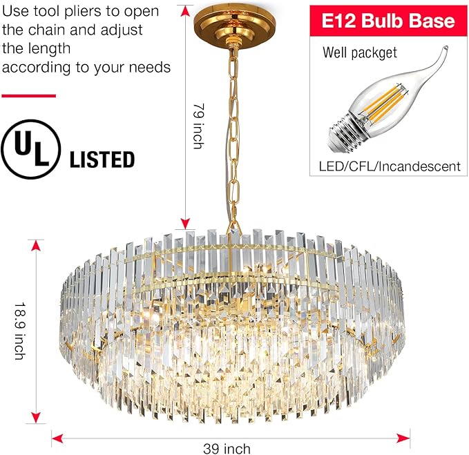 Gold Copper Crystal Chandelier Lighting 39'' for Dining Rooms Bedroom Foyer Entryway Ceiling Hanging Pendant Chandelier Light Fixture Lamp