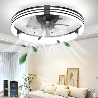 Ceiling Fans with Lights and Remote, 19.7" Black Low Profile Ceiling Fan, Modern Flush Mount LED Fan Light, 6 Wind Speeds Fandelier Ceiling Fan with Light for Bedroom, 3000-6500K Dimmable