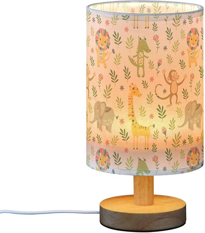 Jungle Animal Pattern Table Lamp with Wood Base and Fabric Shade for Living Room, Bedroom or Kids Room