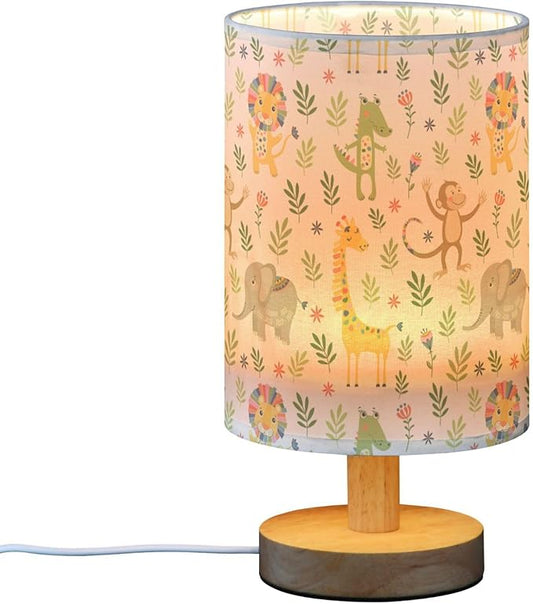 Jungle Animal Pattern Table Lamp with Wood Base and Fabric Shade for Living Room, Bedroom or Kids Room