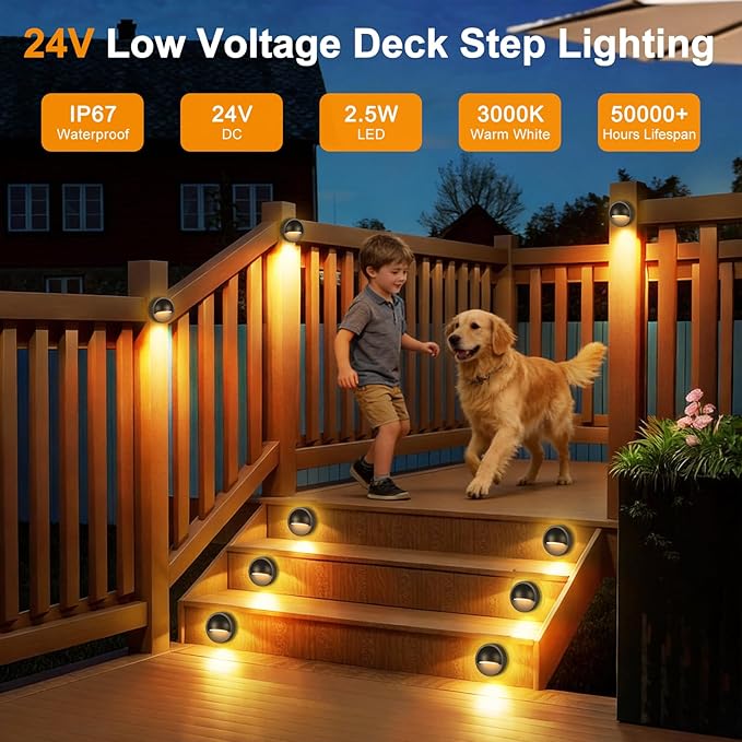Low Voltage LED Deck Lights Kit with Plug-in Transformer, Dusk-to-Dawn Timer and Photocell Sensor, 3000K Warm White IP67 Waterproof Outdoor Step Lights for Deck Stairs, Railing, Fence, Patio (6 Pack)