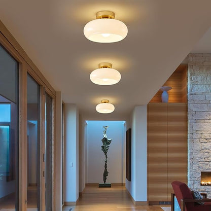 WOKNOS Mid-Century Modern Gold Semi Flush Mount Ceiling Light, Kitchen Ceiling Light Fixture with Glass Shade, Vintage White Close to Ceiling Lamp for Entryway Hallway Bathroom (11.0 Inch)
