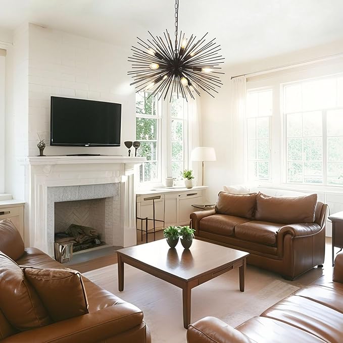 24in Black Sputnik Chandelier Light Fixture Over Table Modern 9-Lights Starburst Chandelier Solid Metal Satellite Sputnik Light Fixture for Dining Room, Kitchen Island, Bedroom,Foyer,Entryway
