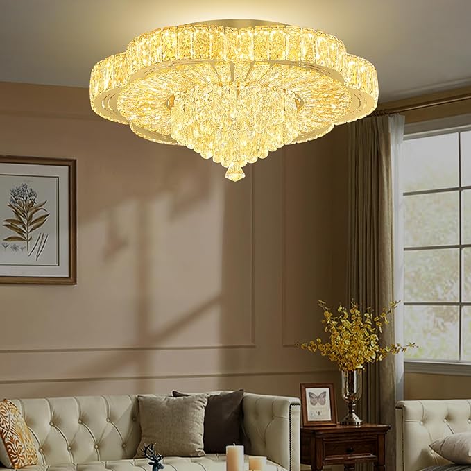 24in Gold Crystal Chandeliers for Living Room Dining Room Crystal Ceiling Light Fixtures Modern LED Flush Mount Light Dimmable 2700k-6000k