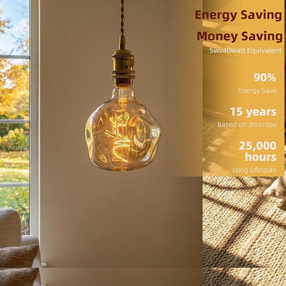 G125 Large Oversized LED Edison Bulb,5 Watt 400 Lumens 2200k Warm Yellow Unique Light Bulbs,Amber Glass E26 Base Huge Globe Vintage Decorative Dimmable Light For Bedroom Living Room Bar Cafe,2Pack