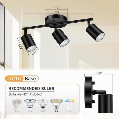 BoostArea LED 3 Light Track Lighting Kit, Black 3 Way Ceiling Spot Lighting, Flexibly Rotatable Light Head for Kitchen, Living Room, Bedroom, GU10 Bulb Not Included