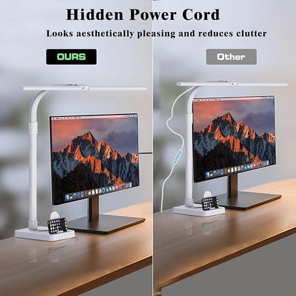 GAEFURY LED Desk Lamp for Home Office, 24W Bright Desk Lamp with Phone Holder Base - 25 Lighting Modes Eye-Caring Desk Light Adjustable Gooseneck Lamp for Workbench Drafting Reading Study-White