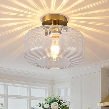 Gold Semi Flush Mount Ceiling Light, Luxury Close to Ceiling Light Fixtures with Transparent Glass Shade, Round Light Fixtures Ceiling Mount for Bathroom Dining Room Bedroom Living Room Hallway, E26