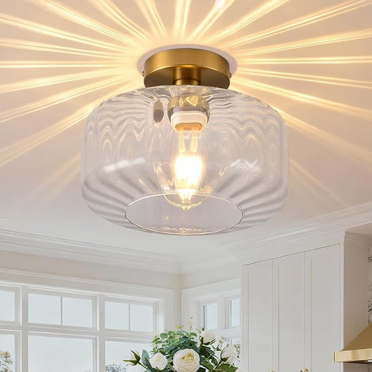 Gold Semi Flush Mount Ceiling Light, Luxury Close to Ceiling Light Fixtures with Transparent Glass Shade, Round Light Fixtures Ceiling Mount for Bathroom Dining Room Bedroom Living Room Hallway, E26