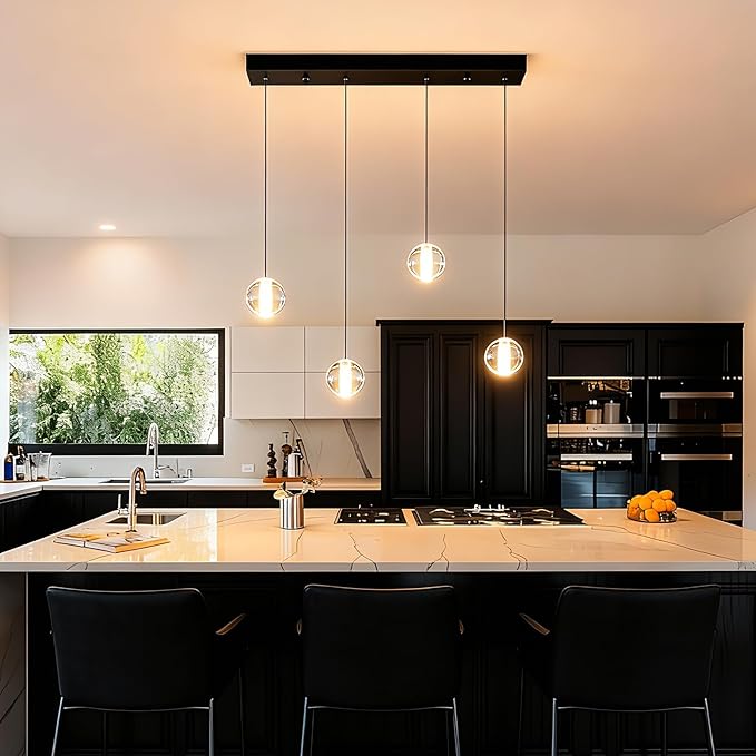 Black Modern 4 Lights Bubble Light Chandelier for Dining Room, Crystal Globe Kitchen Hanging Pendant Light, Rectangular Chandeliers Over Table for Kitchen Island Hallway Bedroom