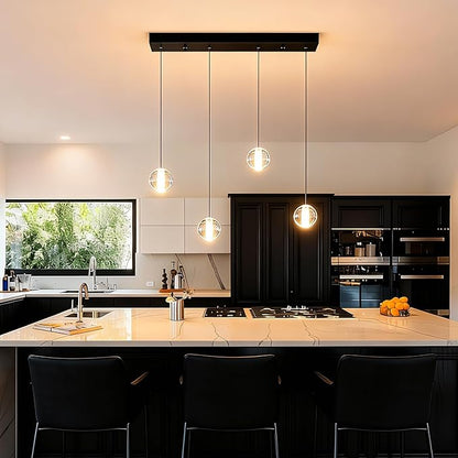 Black Modern 4 Lights Bubble Light Chandelier for Dining Room, Crystal Globe Kitchen Hanging Pendant Light, Rectangular Chandeliers Over Table for Kitchen Island Hallway Bedroom