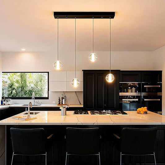 Black Modern 4 Lights Bubble Light Chandelier for Dining Room, Crystal Globe Kitchen Hanging Pendant Light, Rectangular Chandeliers Over Table for Kitchen Island Hallway Bedroom