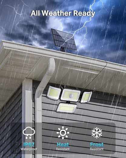 CLAONER Solar Outdoor Lights Motion Sensor 3500LM 288 LED Solar Security Lights with Remote Control IP67 Waterproof 4 Heads Flood Lights with 16.4ft Cable 4 Modes Wall Lights(4 Pack)