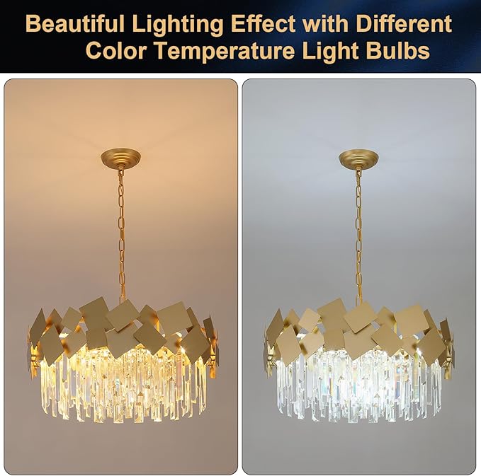 A AXILIXI Modern Crystal Chandelier Gold 24” Round Chandeliers for Dining Room 9 Light Drum Ceiling Pendant Light Fixture K9 Crystal Luxury Semi Flush Mount Chandelier for Foyer Living Room Bedroom