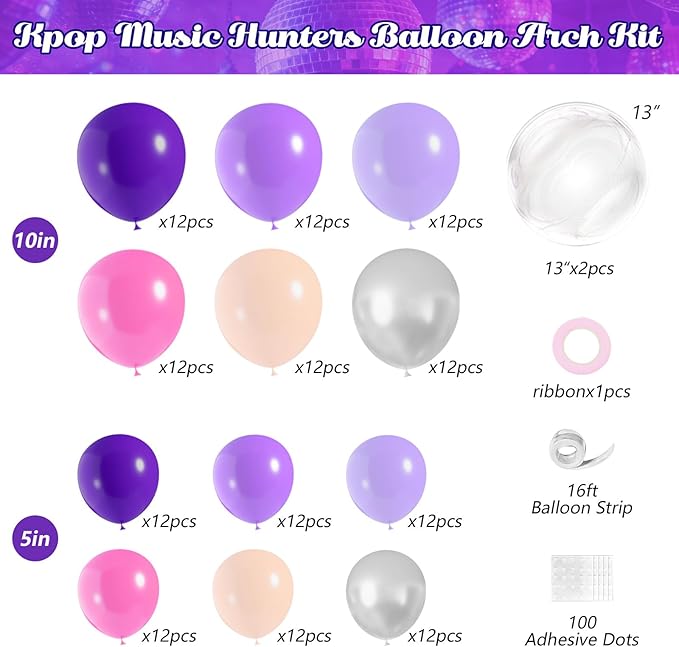 JOGAMS 171Pcs Kpop Balloons Arch Kit, Idol Stage Style Pink Purple Silver Disco Balloon Garland with Bow Guitar Star Music Note Foil Balloons for K-Pop Music Disco Theme Birthday Concert-Style Stage
