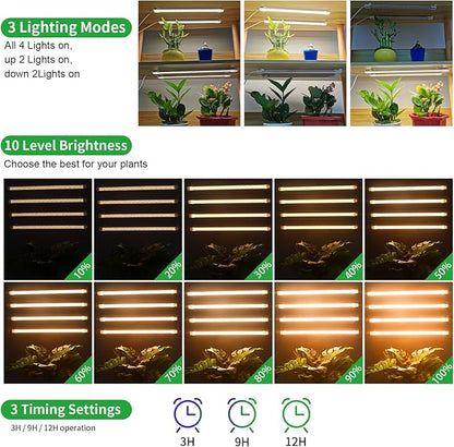 RWNTAO LED Plant Growing Lamp Strips, Full Spectrum 3500K Grow Light for Indoor Plants with 3/9/12H Timer and 10 Dimmable Levels for Green House Hydroponics Succulent, 4 Head 13 Inches