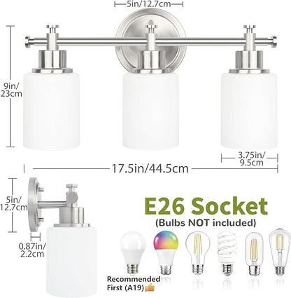 3-Light Bathroom Vanity Light Fixtures, Brushed Nickel Bathroom Wall Sconce, Modern Vanity Light with Milky White Glass Shade Over Mirror, Bathroom, Bedroom, E26 Base, 17 Inch