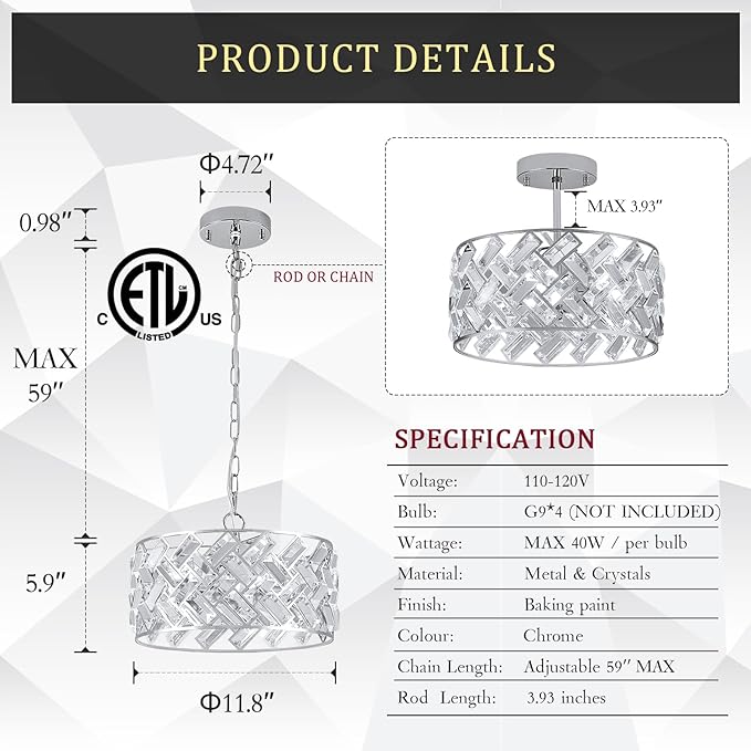 CATINER Chrome Crystal Chandeliers, 4-Light Modern Semi Flush Mount Ceiling Light, D12'' Small Round Crystal Hanging Pendant Light Fixtures for Dining Room Kitchen Island Entryway Hallway