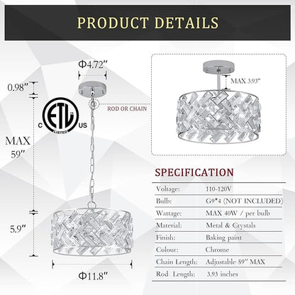CATINER Chrome Crystal Chandeliers, 4-Light Modern Semi Flush Mount Ceiling Light, D12'' Small Round Crystal Hanging Pendant Light Fixtures for Dining Room Kitchen Island Entryway Hallway