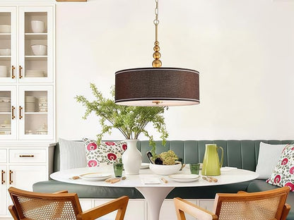 Shrine Lighting Drum Chandeliers, Farmhouse Style, Perfect Drum Pendant Light for Dining Room, D20'' x H7'', Adjustable Chains 59'', E26*3 Sockets, Brown Linen Fabric Lampshade & Gold Rod