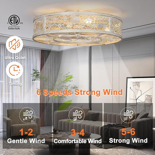 SHLUCE 22" Farmhouse Caged Ceiling Fan with Light, Flush Mount Low Profile Ceiling Fan with Lights, Large Bladeless Fandelier Ceiling Fan with Light and Remote for Kitchen, Bedroom, White Gold - ETL