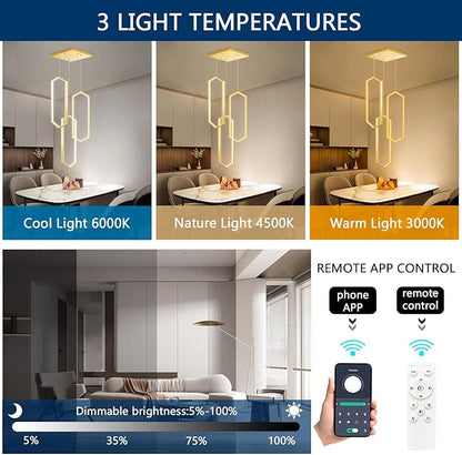 3-Rings Dimmable Pendant Lighting Adjust LED Chandelier Ceiling Light Fixtures for Kitchen Island Dining Room Living Room Bedroom Gold