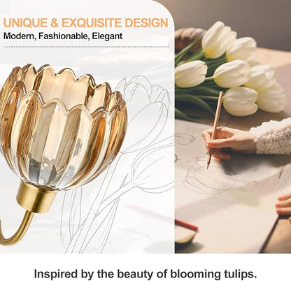 2-Pack Brushed Gold Bathroom Vanity Light, Single-Head Wall Sconce with Ribbed Amber Tulip Glass Shade, Vintage Bathroom Light Fixtures for Bedroom, Hallway & Bedside (Bulbs Not Included)