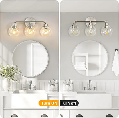 3 Light Bathroom Vanity Light Fixtures, Brushed Nickel Vanity Lights with Clear Globe Glass Shades, Modern Bathroom Lights Wall Sconce Wall Lamp for Mirror Living Room Kitchen Bedroom Hallway