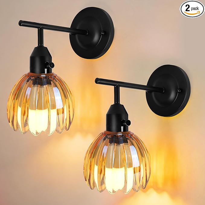 Vintage Black Wall Sconces Set of 2 with Cute Amber Tulip Glass Lampshade, Hardwired and Wireless Wall Mounted Light Fixtures (2 Usage Methods) with Switch for Bedside Bedroom Living Room Wall Decor