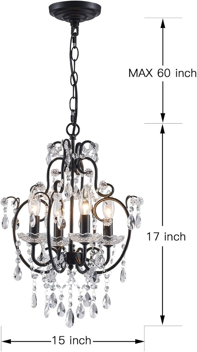 Saint Mossi 4-Lights Crystal Chandelier with K9 Crystals, Black Farmhouse Style Pendant Light Fixture, H17 x D12, Chain Adjustable