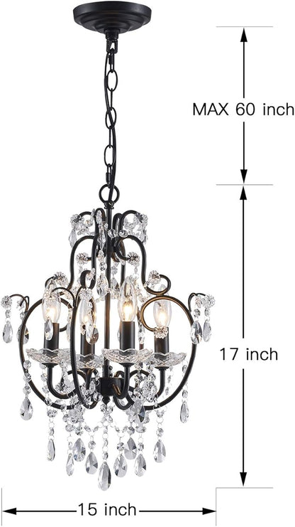 Saint Mossi 4-Lights Crystal Chandelier with K9 Crystals, Black Farmhouse Style Pendant Light Fixture, H17 x D12, Chain Adjustable