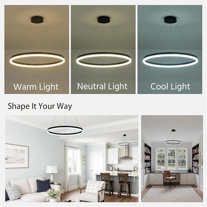 Modern LED Chandelier Black High Ceiling Ring Chandeliers with Remote Control Circular Pendant Light Dimmable for Dining Room Living Room Bedroom Hallway Kitchen Island(3000K-6500K D23.6)
