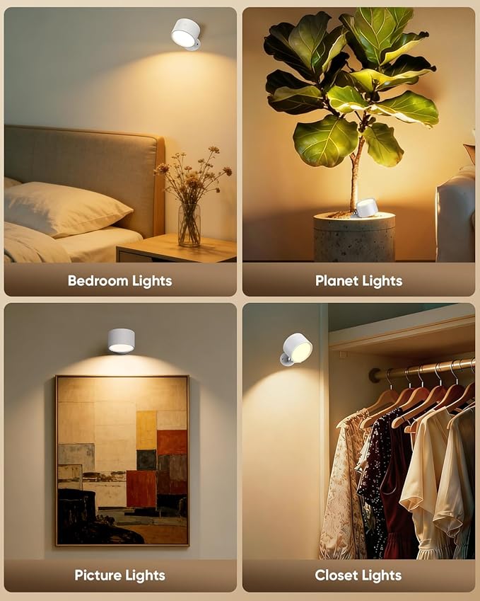 LED Wall Mounted Lights 2 Pcs with Remote, Rechargeable Wall Sconce with 3 Color Temps & Dimmable Magnetic 360° Rotation Cordless Light for Bedroom Reading Bedside (White, 1 Pack)