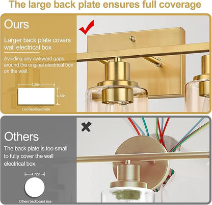 Indoi 3-Light Vanity Lights with Clear Glass Shades, Brushed Gold Bathroom Light Fixtures Over Mirror, Modern Bathroom Wall Lamp for Mirror Living Room Cabinet Bedroom Porch