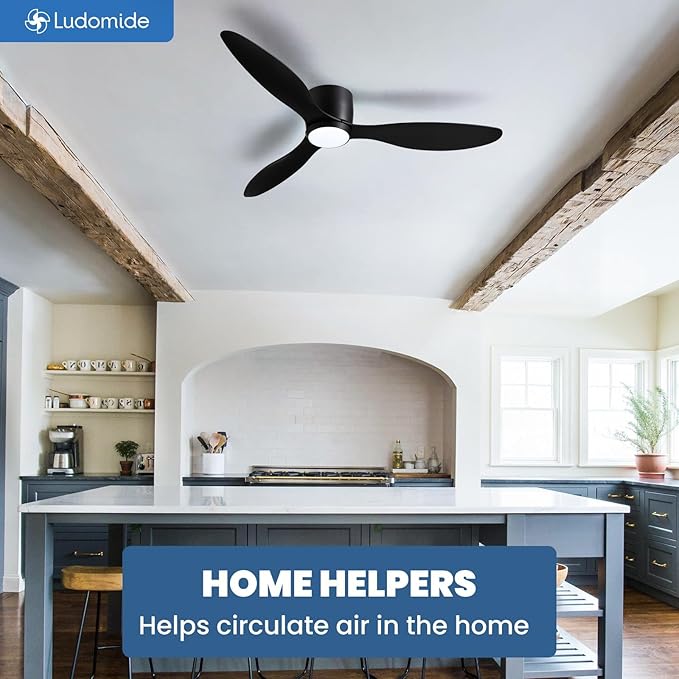 LUDOMIDE Ceiling Fans with Lights,52 Inch Low Profile Ceiling Fan with Wall Control and Remote Control,Dimmable,Flush Mount Ceiling Fan with Noiseless DC Reversible Motor for Bedroom Indoor Use