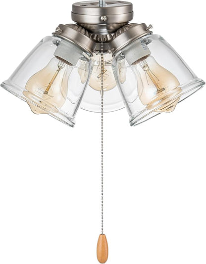Aspen Creative 22011-1, Three-Light Ceiling Fan Light Kit with Pull Chain, Brushed Nickel Finish with Clear Glass Shades, 13-1/8" Diameter x 6-3/4" Height