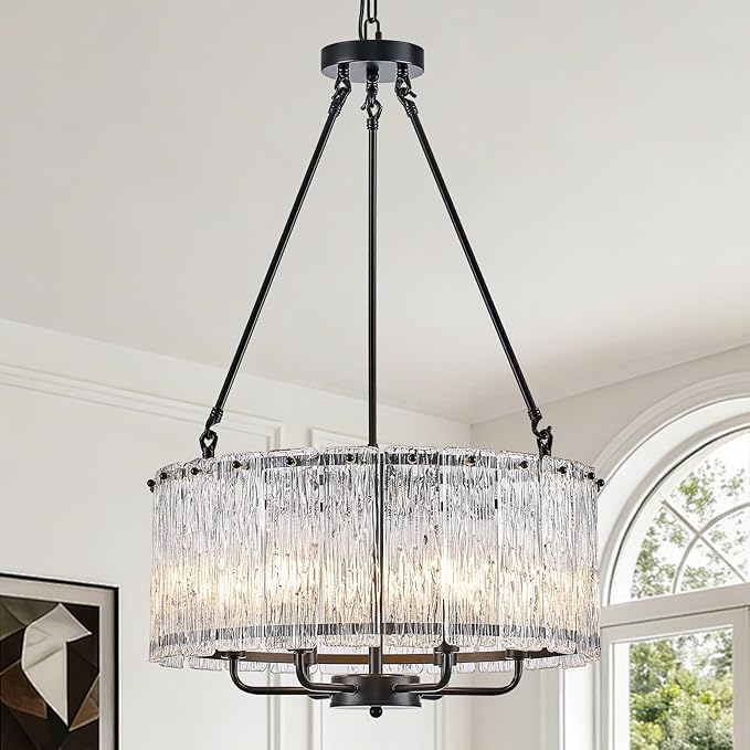 CATINER Black Drum Chandelier 6-Light Modern Crystal Glass Chandeliers 20" Luxury Ceiling Pendant Light Fixture for Entryway Foyer Dining Room Bedroom Kitchen