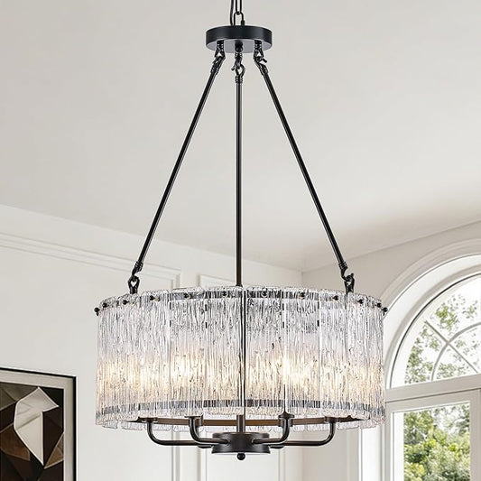 CATINER Black Drum Chandelier 6-Light Modern Crystal Glass Chandeliers 20" Luxury Ceiling Pendant Light Fixture for Entryway Foyer Dining Room Bedroom Kitchen
