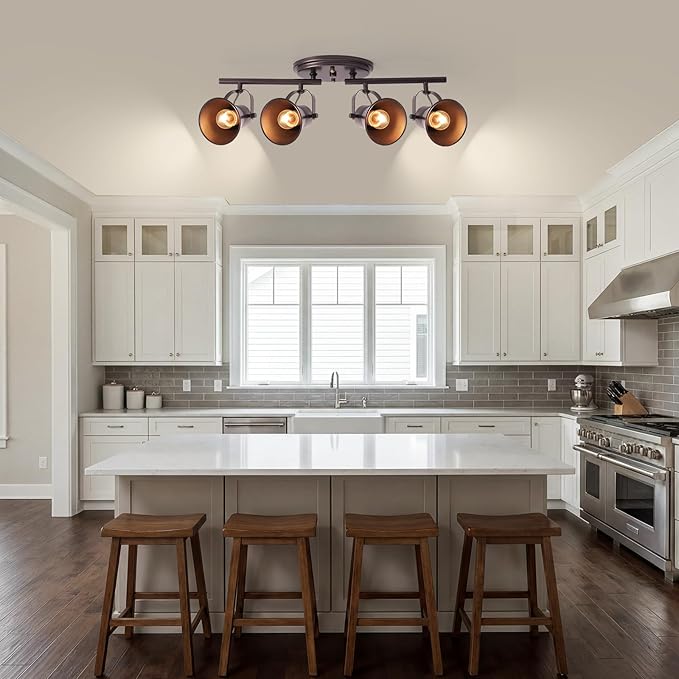 4-Light Brown Track Lighting Fixtures Ceiling, Directional Ceiling Spotlight with 4 Rotatable Heads, Modern Industrial Flush Mount Ceiling Light for Kitchen Island, Dining Room, Hallway