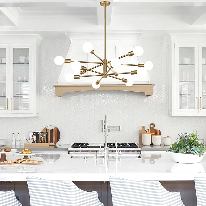 MQMQA Sputnik Chandeliers Dining Room Light Fixture (12-Light, 33-Inch), Modern Brushed Brass Chandelier, Height Adjustable Mid Century Modern Chandeliers for Dining Room Kitchen (Bulbs not Included)